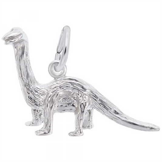 The Dinosaur - Sterling Silver Charm by Rembrandt Charms is a small, polished sterling silver charm in the shape of a Brontosaurus dinosaur, featuring a long neck, four legs, and a long tail. It includes a loop at the top for attaching to a necklace or bracelet.