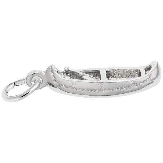 The Rembrandt Charms Classic Canoe Charm is a small, sterling silver piece featuring intricate details, including an open top and two seats. The charm boasts the classic canoe design and includes a loop on one end for attachment to jewelry, such as bracelets or necklaces. The background is plain white.