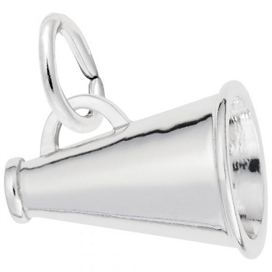 The Rembrandt Charms Megaphone Charm - Sterling Silver is designed as a megaphone and boasts a smooth finish. It includes a small ring at the top, making it easy to attach to bracelets or necklaces. The charm features a detailed flared opening and a handle-like structure for added realism.