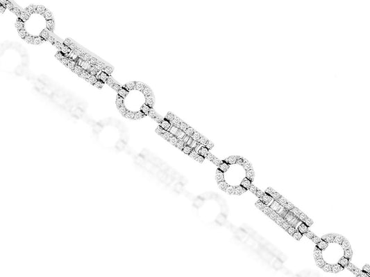 A close-up of the Royal Jewelry Diamond Bracelet showcases its sophisticated design with alternating circular and rectangular diamond-encrusted links. This luxurious accessory is displayed diagonally against a white background, highlighting its brilliant gemstones.