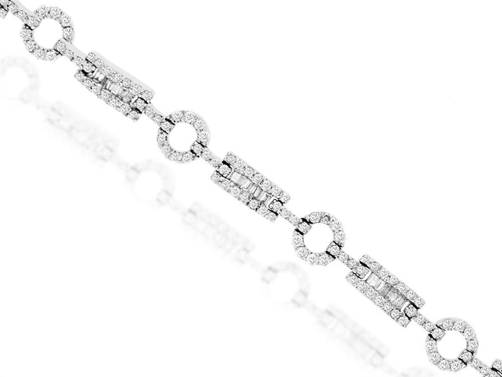 The Royal Jewelry Diamond bracelet, a luxurious piece with alternating circular and rectangular links adorned with small diamonds, elegantly rests diagonally on a white background, reflecting light to create a sparkling effect that epitomizes fine craftsmanship.