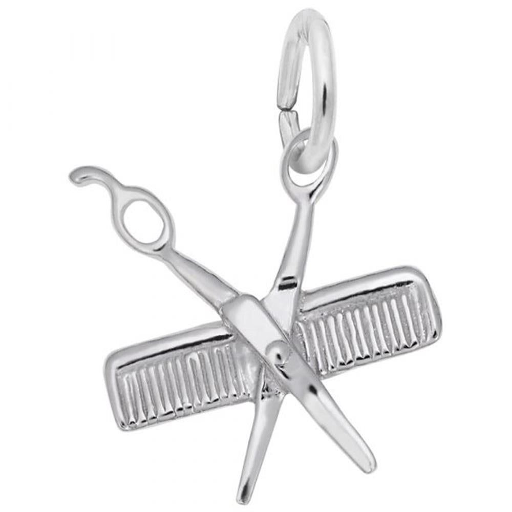 Introducing the Petite Comb & Scissors Charm in Sterling Silver by Rembrandt Charms. This graceful accessory showcases crossed scissors and a comb, equipped with a convenient loop for seamless attachment to your favorite bracelet or necklace.