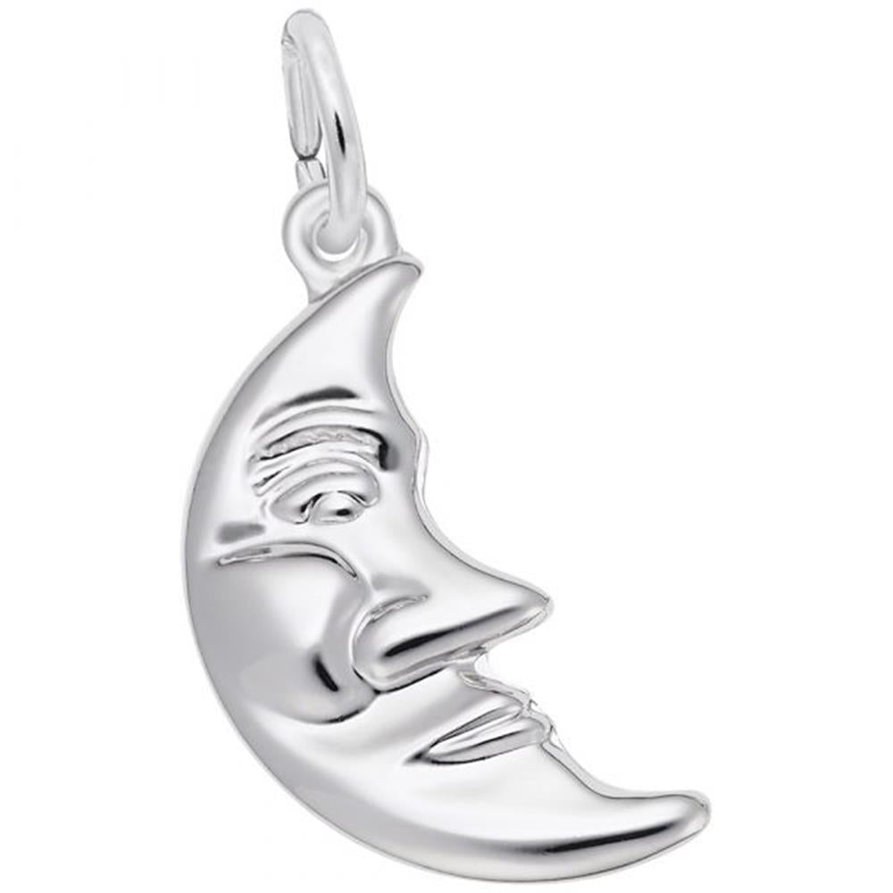 The Rembrandt Charms Half Moon With Face Charm, crafted from sterling silver, showcases a detailed, smiling face with closed eyes. This polished and smooth charm includes a loop at the top for easy attachment to a chain.