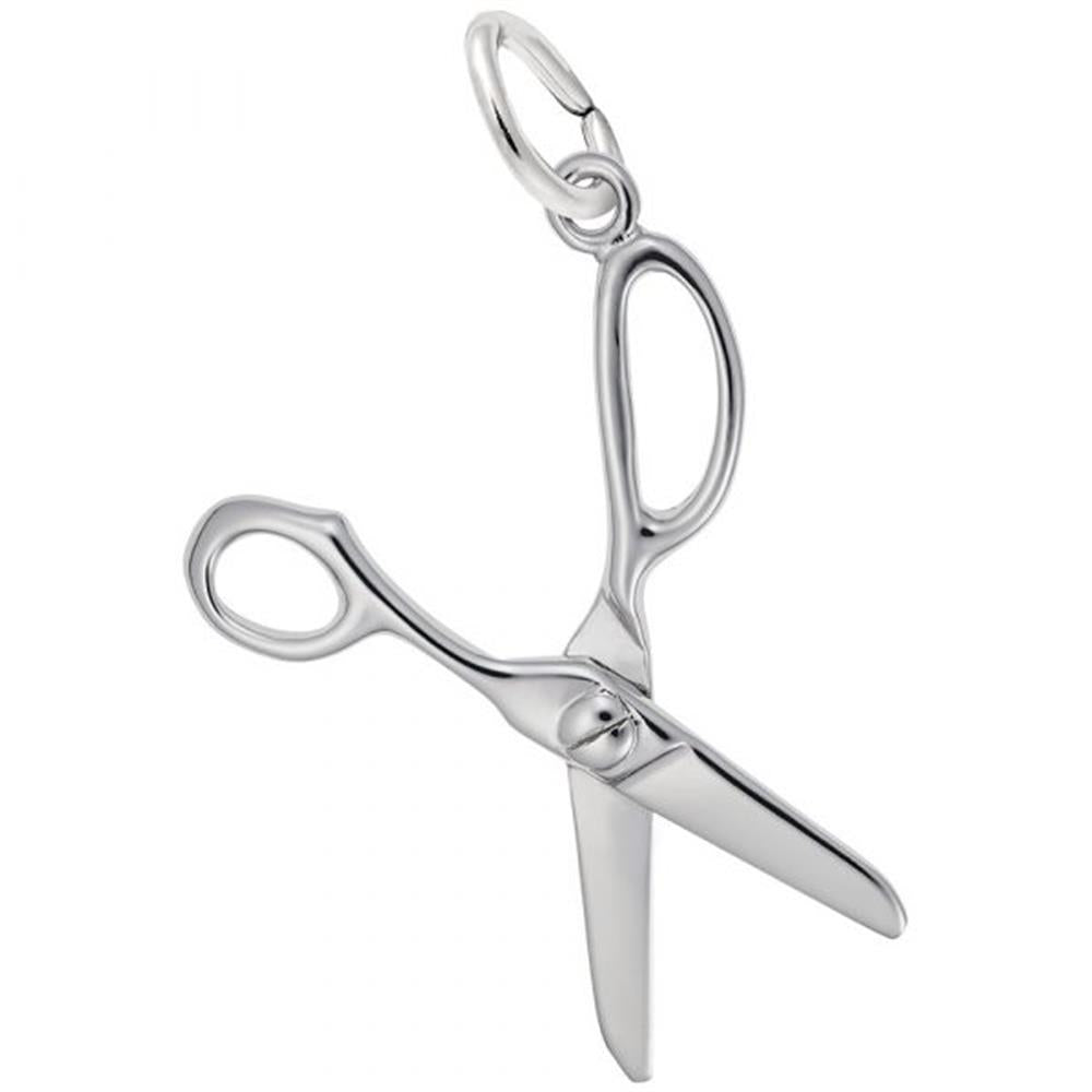 The Scissors Charm by Rembrandt Charms is a sterling silver pendant shaped like scissors with detailed handles and blades, slightly open, and features a small loop at the top for attaching to a chain or bracelet.