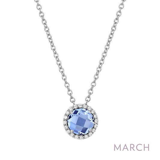 This Lafonn March Birthstone Necklace features a captivating blue aquamarine gemstone pendant, encircled by small clear stones. The jewelry boasts a simple and delicate silver chain. In the bottom right corner, "MARCH" is inscribed in light purple text, signifying the birthstone for March.