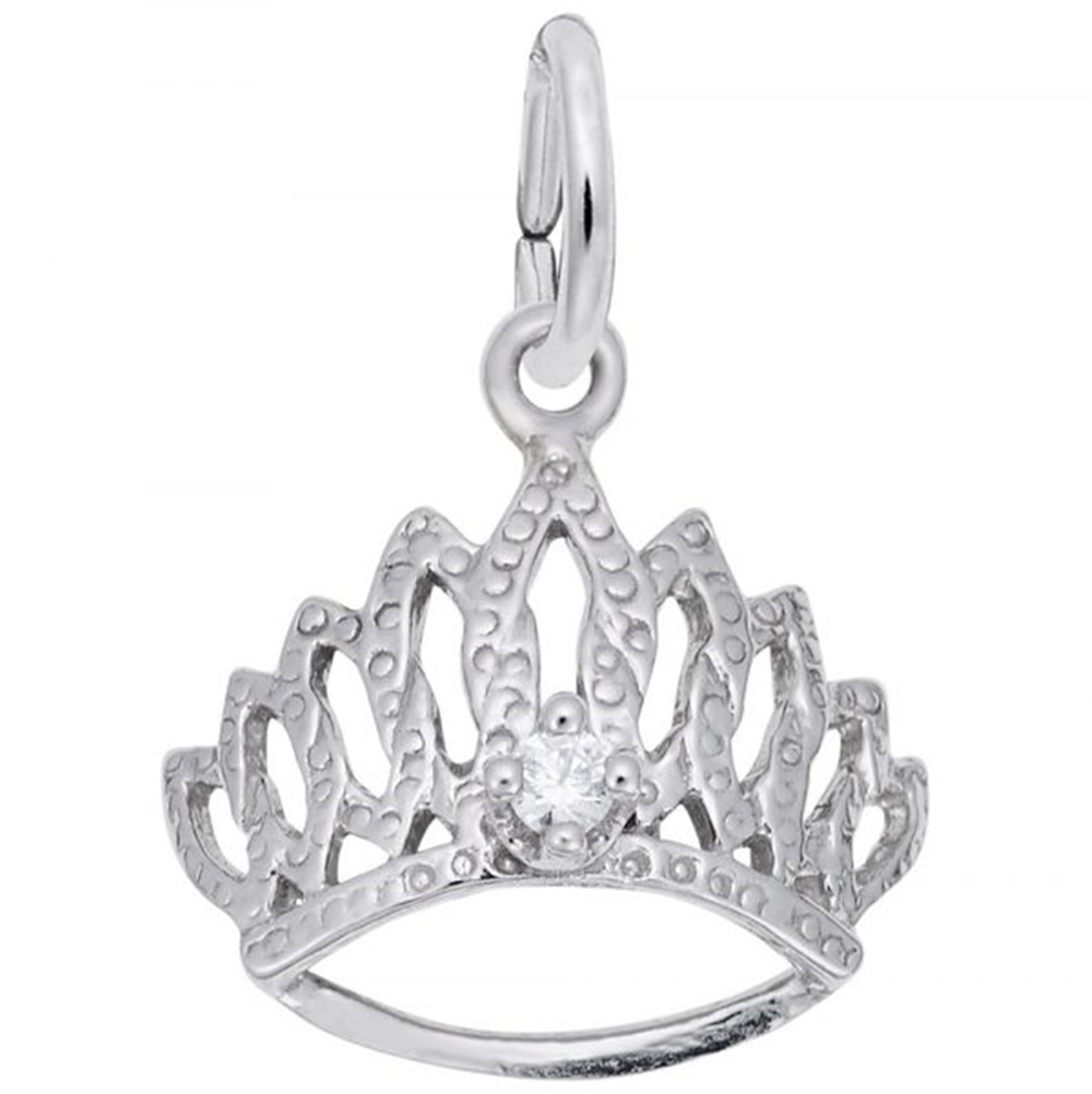 The Tiara W/Birthstone-APR by Rembrandt Charms is a delicate silver piece with intricate detailing, featuring a birthstone at its center and a small loop for attaching to bracelets or necklaces, enhancing its elegant design.