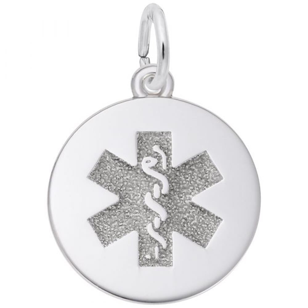 The Rembrandt Charms Medical Symbol Charm in sterling silver is a round medical alert pendant featuring a polished surface. At its center is a raised Star of Life symbol with an embossed Rod of Asclepius (a snake wrapped around a staff) within the star. A small loop is attached at the top for easy attachment to a chain or cord.