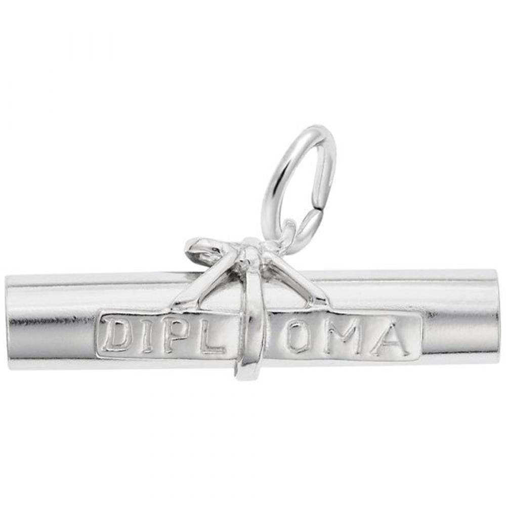 Introducing the Diploma Charm in sterling silver by Rembrandt Charms: an elegant charm shaped like a rolled-up diploma, featuring the word "DIPLOMA" engraved on it. This piece includes a small ring at the top for easy attachment to a bracelet or necklace.