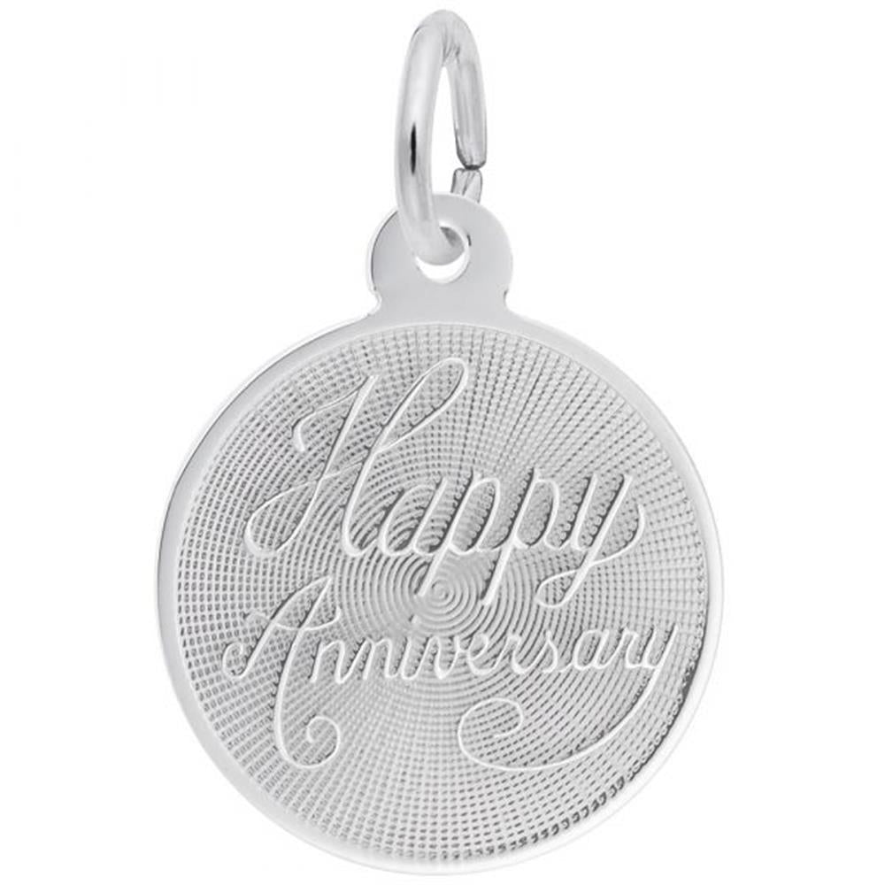 'Sterling silver disc charm with the engraved text: Happy Anniversary, and a textured background. Style 5787, 0.58 in x 0.58 in (14.71 mm x 14.71 mm).'