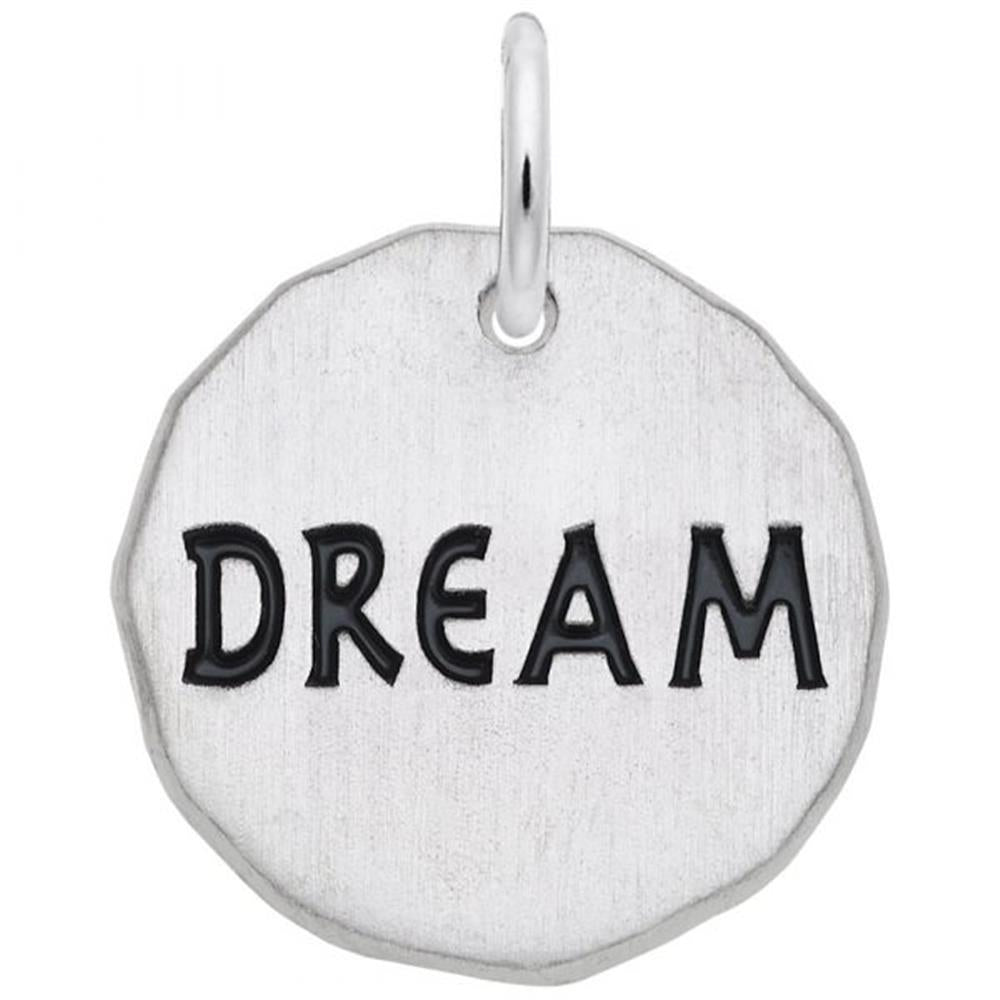 The Dream Tag Charm by Rembrandt Charms is an exquisite sterling silver pendant with a slightly irregular circular shape. Engraved with the word "DREAM" in bold black capital letters, this charm features a loop at the top for easy attachment to a necklace or bracelet, making it the perfect addition to your jewelry collection.