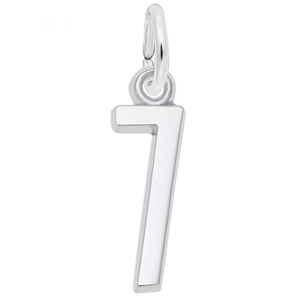 The Number 7 Charm from Rembrandt Charms is crafted from sterling silver, featuring a smooth finish and a small loop at the top for easy attachment to a chain or bracelet.