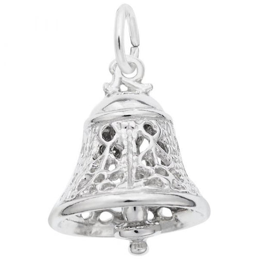 Introducing the Filigree Bell 3D Charm in sterling silver by Rembrandt Charms. This exquisite charm features intricate filigree lattice-like designs and a small loop at the top for attaching to a chain or bracelet. It boasts a polished finish, providing it with a shiny and elegant appearance.