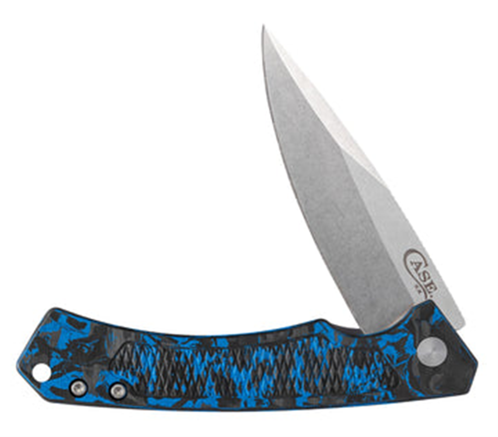 A folding knife with a partially opened stainless steel blade. The handle features a blue marbled carbon fiber pattern with textured grip. The brand name "W.R. Case & Sons Cutlery Co." is visible on the blade near the hinge. The handle also includes a metal clip and a few rivets near the hinge, and is described as Blue Anodized Aluminum w/ Blue Marbled Carbon Fiber.