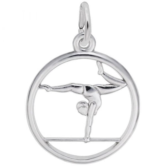 The Gymnast On Balance Beam Charm from Rembrandt Charms is a sterling silver pendant showcasing a gymnast performing a handstand on a balance beam within a circular frame. This elegant charm includes a small loop at the top, making it ideal for attaching to a necklace or bracelet.