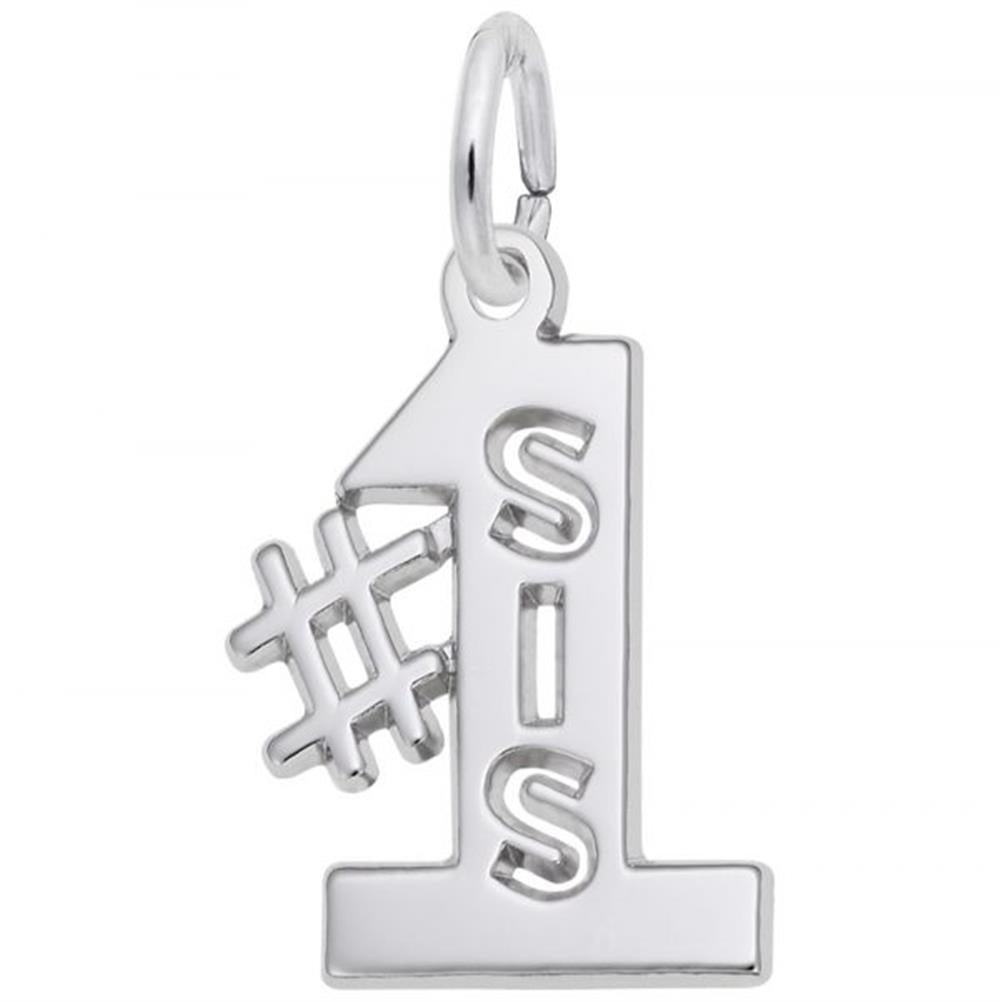 The Rembrandt Charms' Number 1 Sister Charm in sterling silver features a distinctive design with a hashtag (#) symbol behind a number one, inscribed vertically with the word "SIS" to convey the message "#1 Sis." This timeless piece includes a small loop at the top for easy attachment to a necklace or bracelet.