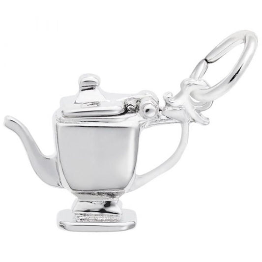 The Rembrandt Charms Teapot Charm in sterling silver is designed in the shape of a teapot with intricate details such as a spout, handle, and lid. This elegant and simple charm also features a small loop at the top for easy attachment to a bracelet or necklace.