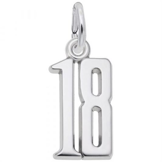 The Number 18 Charm by Rembrandt Charms is crafted from sterling silver. It features a smooth, shiny surface that beautifully reflects light, and includes a loop at the top for easy attachment to a necklace or bracelet. This elegant charm adds a touch of sophistication to any accessory.