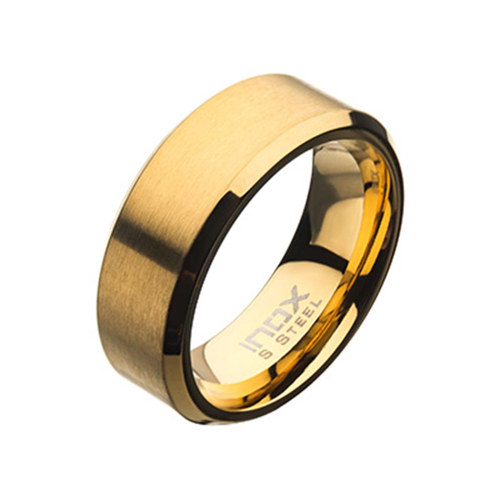 Introducing the Men's Stainless Steel 8mm Gold Plated Beveled Band Ring in size 11 from INOX. This gold-colored ring boasts a brushed finish on the exterior and a polished inner band, imbuing it with modern sophistication. The inner band is elegantly inscribed with "INOX S STEEL," adding a touch of branded detail to its sleek design.