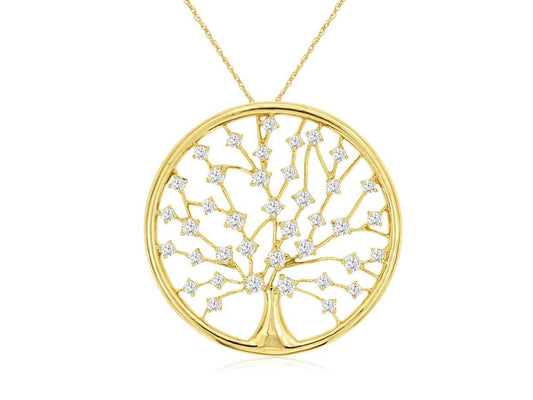 A gold necklace from Royal Jewelry featuring the 14k YG diamond tree pendant, designed in a tree of life style. The branches are enhanced with small sparkling stones, totaling 0.48 ct, offering an elegant and intricate look.