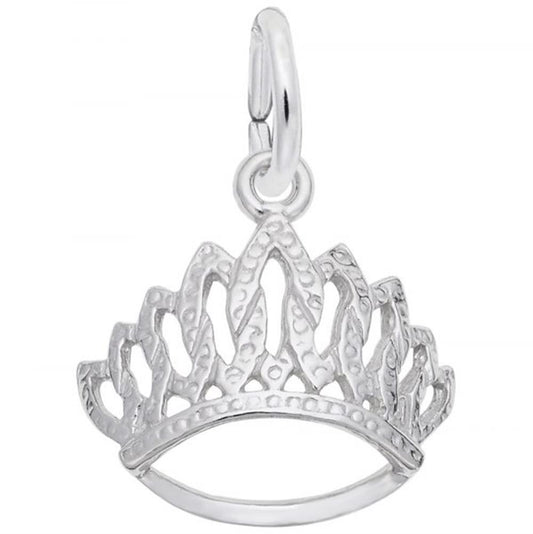 The Tiara Charm from Rembrandt Charms, made of sterling silver, hangs from a loop with intricate detailing. The design features multiple pointed arches and a textured pattern, reminiscent of an elegant and regal tiara.