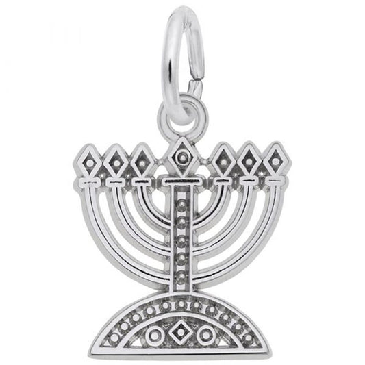 The Menorah Charm / Sterling Silver by Rembrandt Charms showcases intricate detailing, featuring eight branches and a central stem with decorative patterns. A small loop at the top allows for easy attachment to a bracelet or necklace.