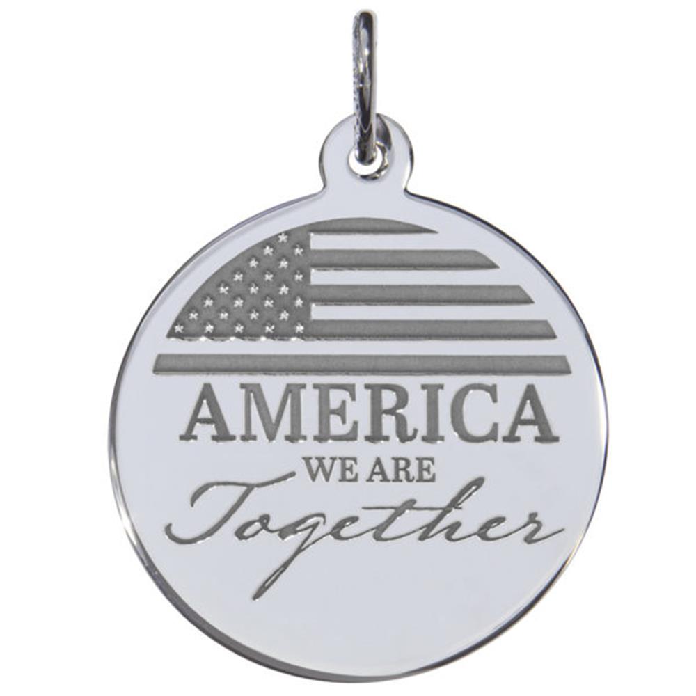 'Sterling silver charm with an engraved U.S. flag and the text: AMERICA WE ARE Together. Style 7551, 0.75 in x 0.75 in (19 mm x 19 mm).'