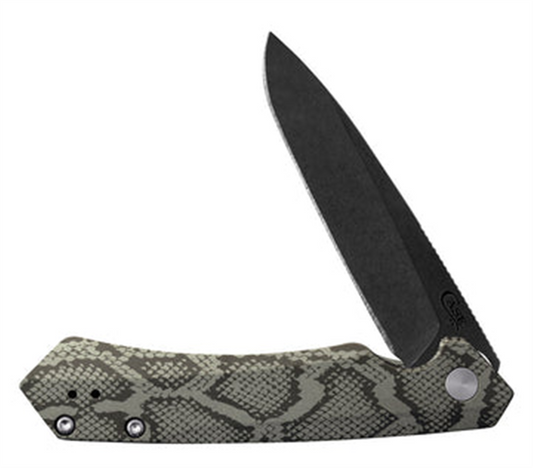 Here's the rewritten sentence using the provided product data:

A W.R. Case & Sons Cutlery Co. folding knife with a dark blade partially open, revealing an OD Green anodized aluminum handle with black snake skin pattern. The knife boasts silver hardware and features a streamlined, modern design enhanced by anodized aluminum accents.