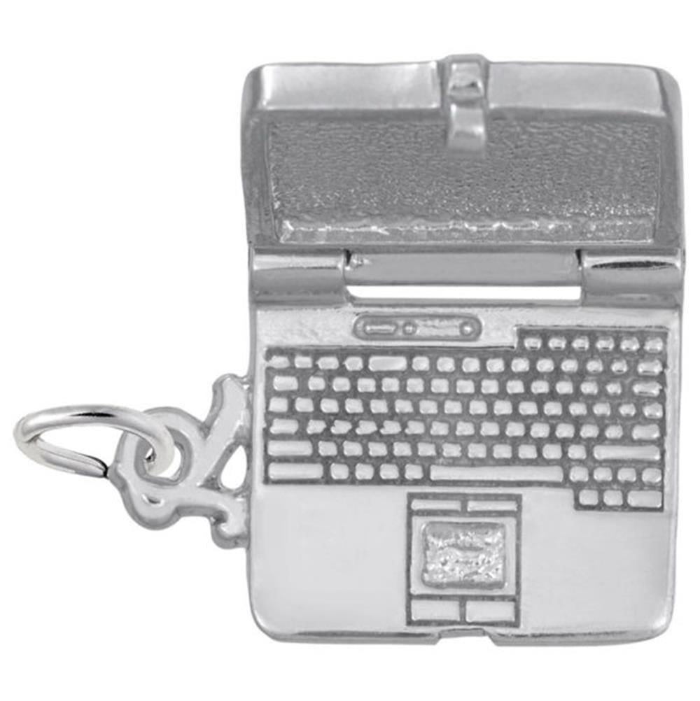 The Rembrandt Charms Laptop Computer Charm, crafted from sterling silver, features an open laptop design with intricate details of a visible keyboard, trackpad, and screen. It includes a small loop on the left side for easy attachment to a chain or bracelet.