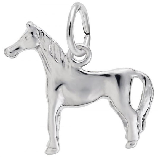 The Rembrandt Charms Horse Charm in sterling silver showcases a detailed design of a standing horse in an elegant stance. This polished charm features a small hoop at the top, perfect for attaching to a necklace or bracelet.