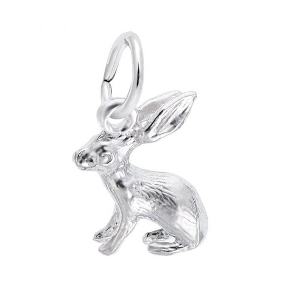 The Bunny Charm in Sterling Silver by Rembrandt Charms is a meticulously detailed piece, featuring long ears and a textured body. It hangs from a small circular loop and showcases the bunny in a sitting position, making it perfect for attaching to either a bracelet or necklace.