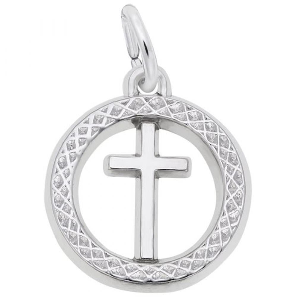 The Cross Charm in sterling silver by Rembrandt Charms features a central cross within a ring design and is adorned with a textured pattern. The pendant includes a small loop at the top for easy attachment to a chain or necklace.