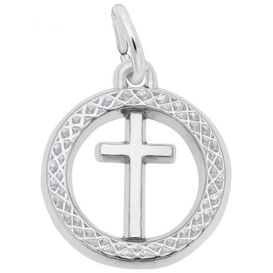 The Small Cross in Ring Charm in Sterling Silver by Rembrandt Charms is a sterling silver pendant featuring a smooth cross centered within a round frame, enhanced with a diamond-patterned texture.