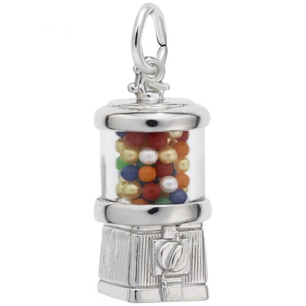 Presenting the Gumball Machine Charm from Rembrandt Charms: a sterling silver piece expertly crafted in the shape of a vintage gumball machine. This charming accessory features a detailed base complete with a coin slot, and displays colorful round beads within its clear section.