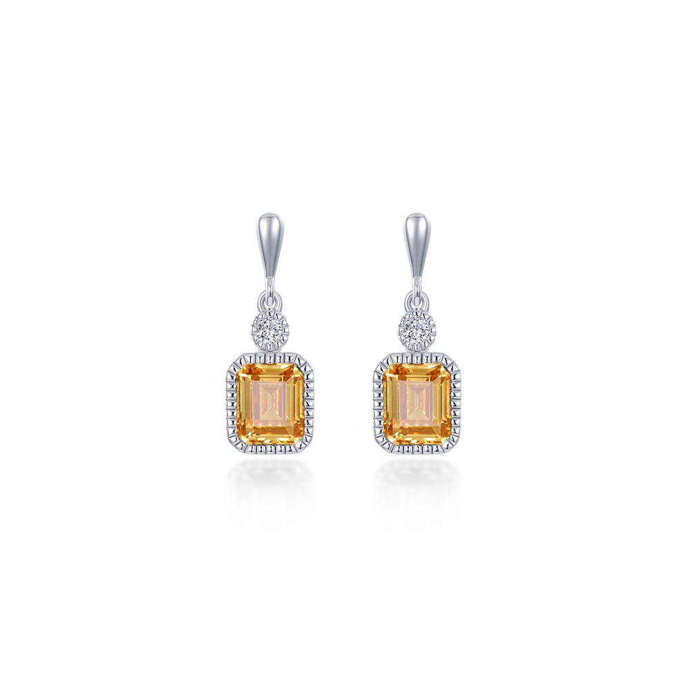 Introducing the SIMULATED YELLOW TOPAZ; NOVEMBER BIRTHSTONE EARRINGS by Lafonn: a pair of elegant drop earrings featuring rectangular yellow topaz gemstones set in silver and surrounded by small diamonds. Each earring is accentuated with a single diamond at the top, connecting the gemstone to a sleek, silver hook. Perfect as November birthstone earrings, they stand out beautifully against the plain white background.