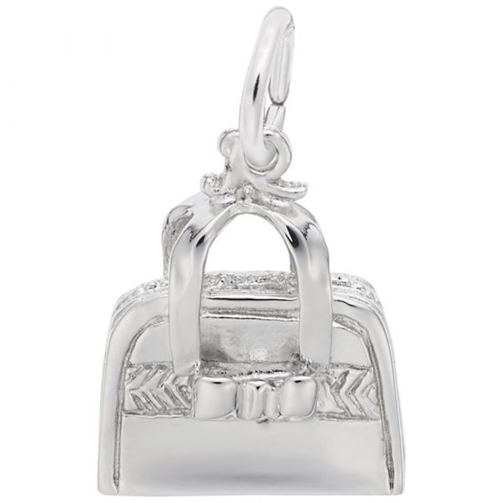 Introducing the Rembrandt Charms Purse Charm in Sterling Silver, shaped like a handbag with intricate decorative patterns and a charming bow on the front. It features a top loop for easy attachment to jewelry, making it an elegant addition to any collection.