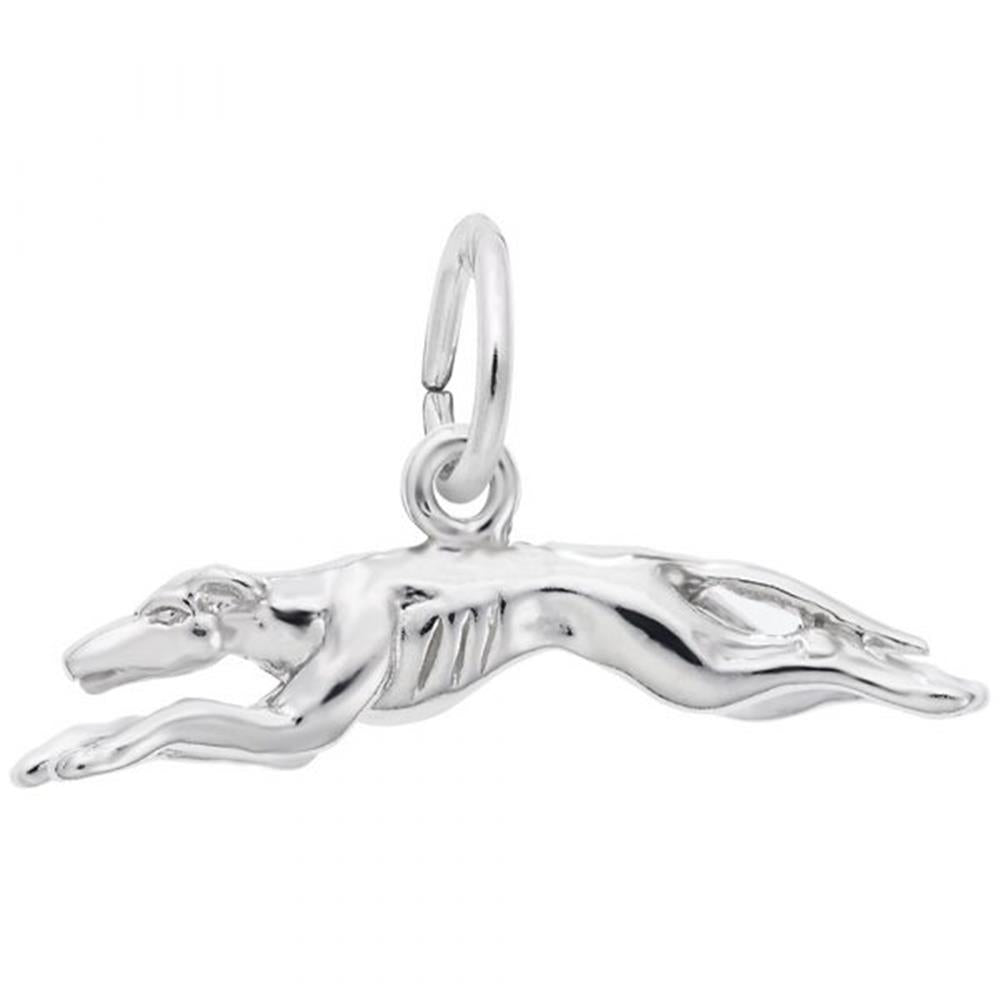 The Rembrandt Charms Greyhound Dog Charm is a sterling silver piece, expertly crafted in the shape of a leaping greyhound. It boasts sleek and detailed features, complete with a small hoop at the top for easy attachment to a chain or bracelet.