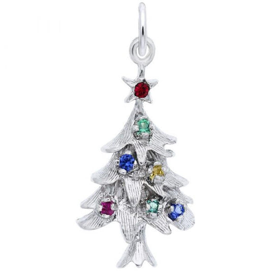 The Christmas Tree Charm by Rembrandt Charms is crafted in Sterling Silver and adorned with vibrant gemstones: a red gem at the top, followed by blue, green, and purple gems in the middle, and a yellow gem near the bottom. This exquisite charm features a loop at the top for easy attachment to any bracelet or necklace.