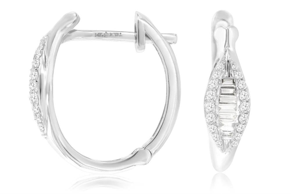 Close-up of the Royal Jewelry '14k WG baggett diamond hoops,' showcasing their elegant textured silver finish. Each hoop features a central row of rectangular stones bordered by smaller circular stones, creating a design reminiscent of classic diamond hoops. The earrings are displayed against a white background.