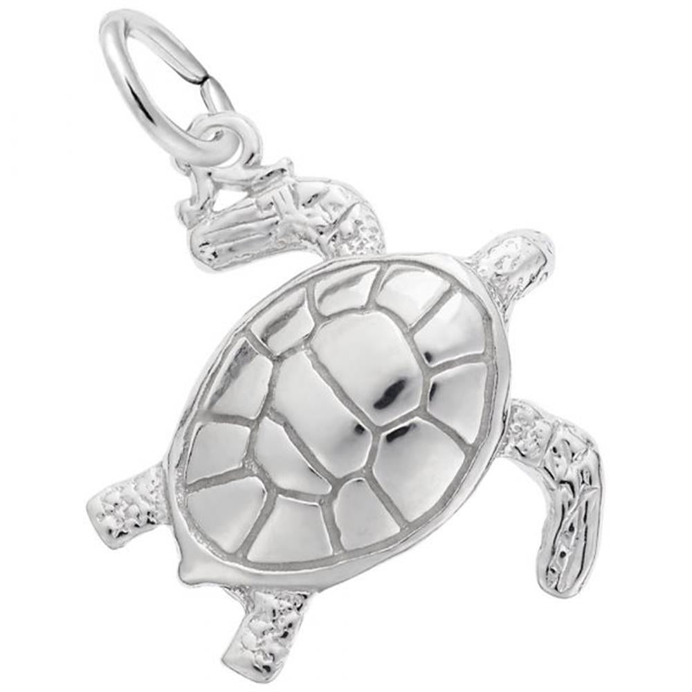 The Sea Turtle Charm by Rembrandt Charms, crafted from sterling silver, showcases a detailed shell with a smooth, reflective surface and textured limbs with intricate designs on the legs and head. This pendant includes a small loop for attaching to a chain or bracelet, perfectly capturing the essence of the ocean.