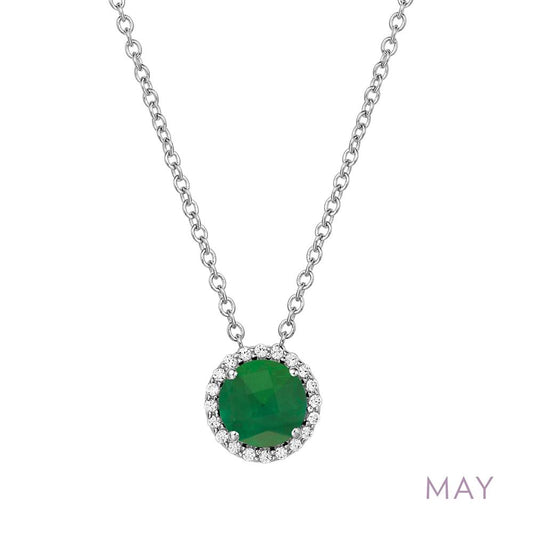 A silver necklace from Lafonn, the May Birthstone Necklace, showcases a round green gemstone pendant symbolizing the May birthstone. The pendant is encircled by small clear gemstones. In the lower right corner of the image, "MAY" is written in light purple.