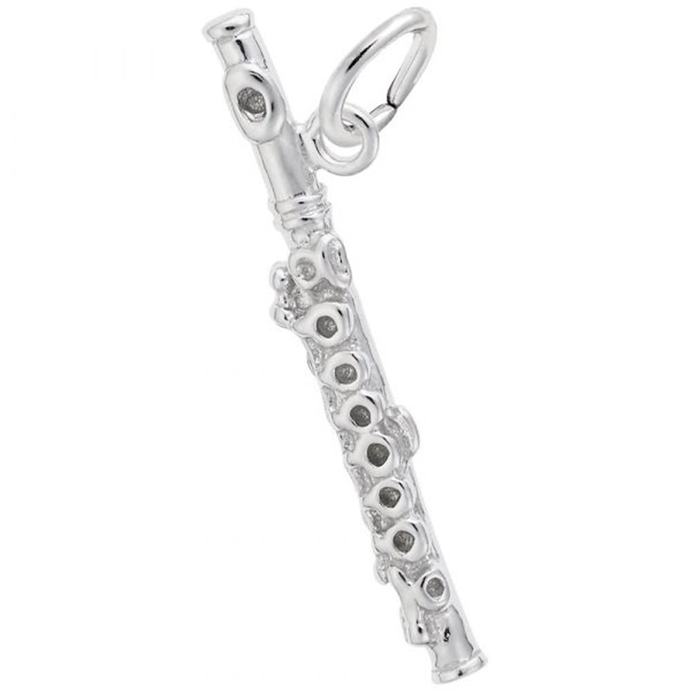 Presenting the Rembrandt Charms Piccolo Instrument Charm in sterling silver, featuring exquisite detailing with visible holes and keys, and a convenient loop at the top for attaching to a bracelet or necklace. The small charm is showcased against a clean white background.