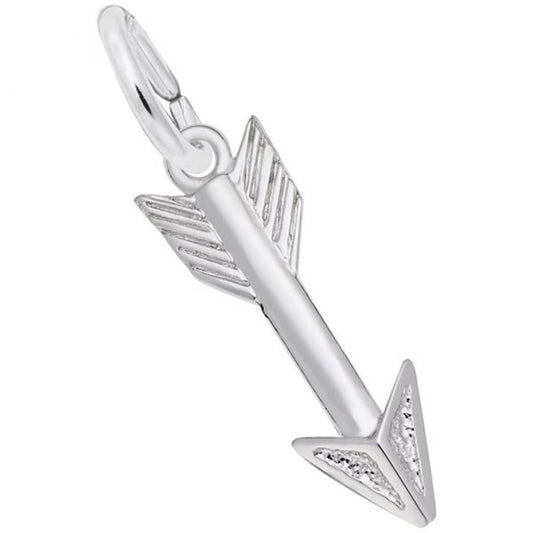 The Cupid's Arrow Charm by Rembrandt Charms is a sleek and polished sterling silver piece. It features detailed fletching on the shaft and a textured arrowhead. The charm comes with a small circular loop, making it perfect for wearing on a chain or bracelet.