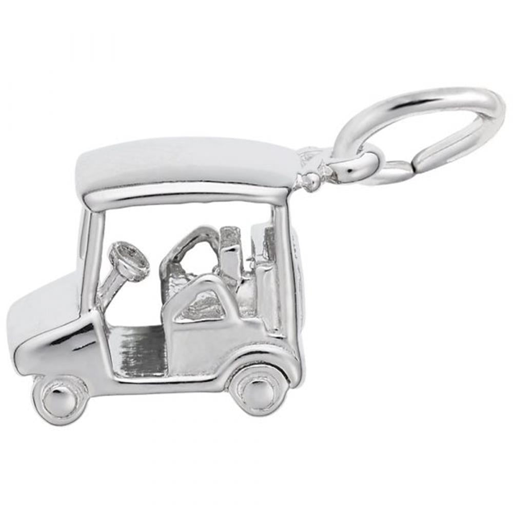 The Golf Cart Charm in Sterling Silver by Rembrandt Charms, a standout piece from their Golf Jewelry collection, showcases intricate details including a steering wheel, seats, and golf bags at the back. It features a loop at the top for easy attachment to a bracelet or necklace.