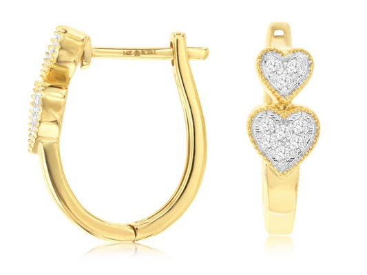 Introducing the 14k YG diamond heart hoops by Royal Jewelry, a breathtaking pair of gold hoop earrings featuring two exquisite heart-shaped designs and dazzling crystals. With views from both the side and front, these earrings exhibit intricate detailing that sets them apart as a remarkable piece in any 14k gold jewelry collection.