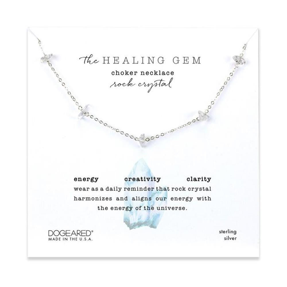 Here's a rewritten version of the sentence using the provided product data:

A product display for Dogeared's "Healing Gem Rock Crystal Choker/SS" features a stunning sterling silver necklace adorned with small rock crystal gemstones, designed to promote energy, creativity, and clarity. Made in the USA.