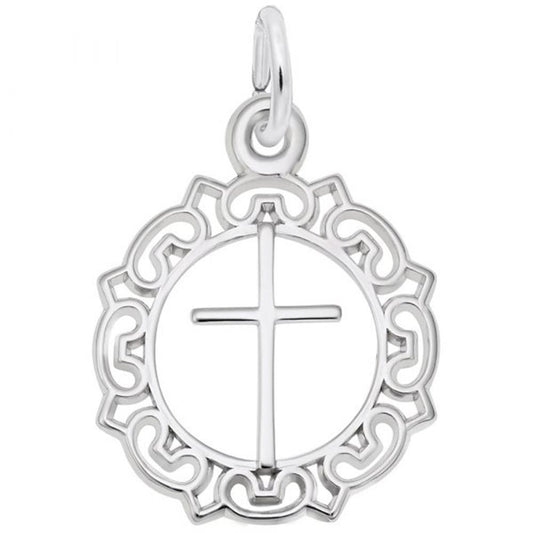 The Cross with Ornate Border Charm in Sterling Silver by Rembrandt Charms showcases a cross encased within a circular, lace-like design, creating an elegant piece of religious jewelry. Its small loop at the top allows for easy attachment to a chain or bracelet, adding versatility to this charming accessory.