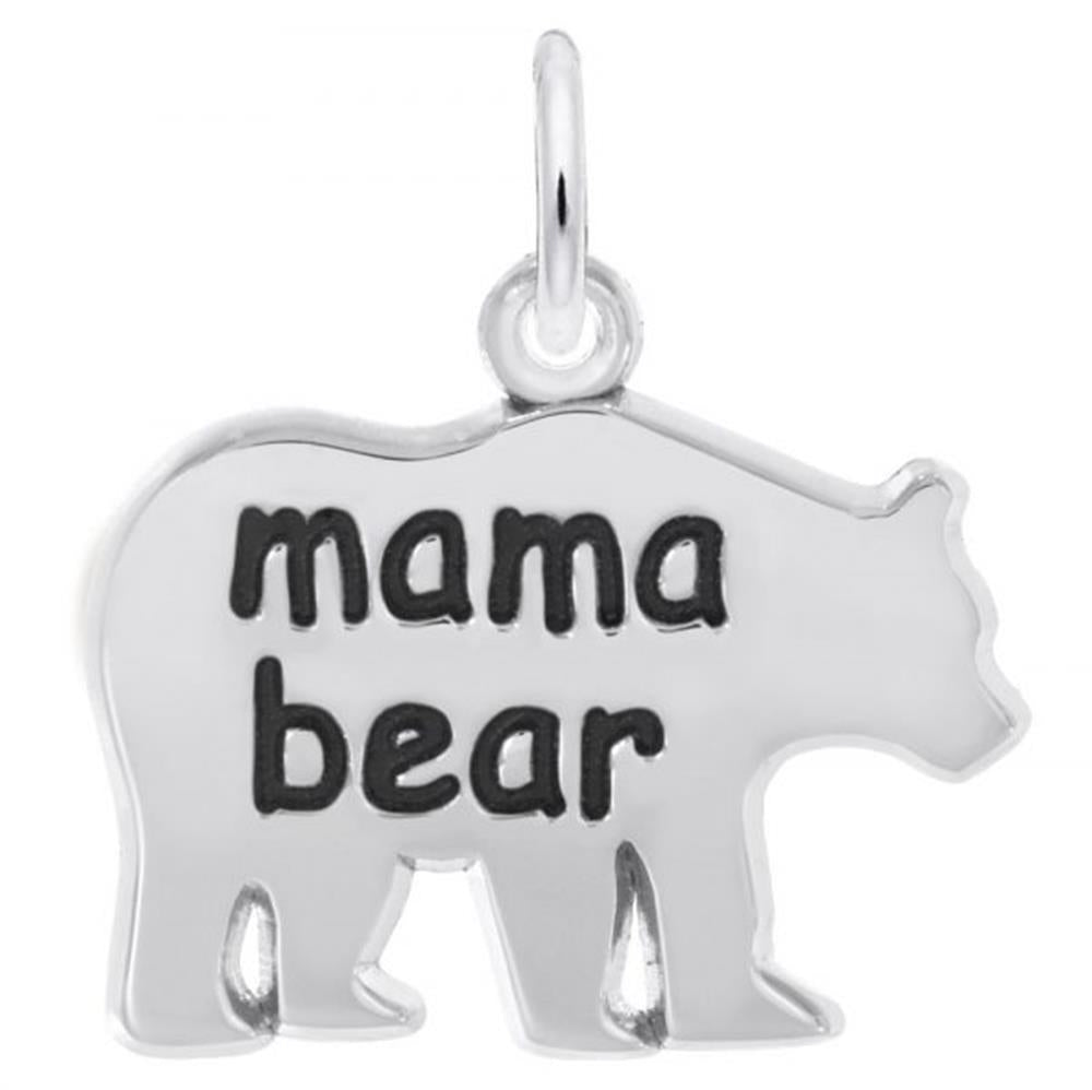 The **Rembrandt Charms Mama Bear Charm / Sterling Silver** is shaped like a bear with the words "Mama Bear" engraved on its body. The charm features a circular loop at the top, perfect for attaching to a bracelet or necklace.