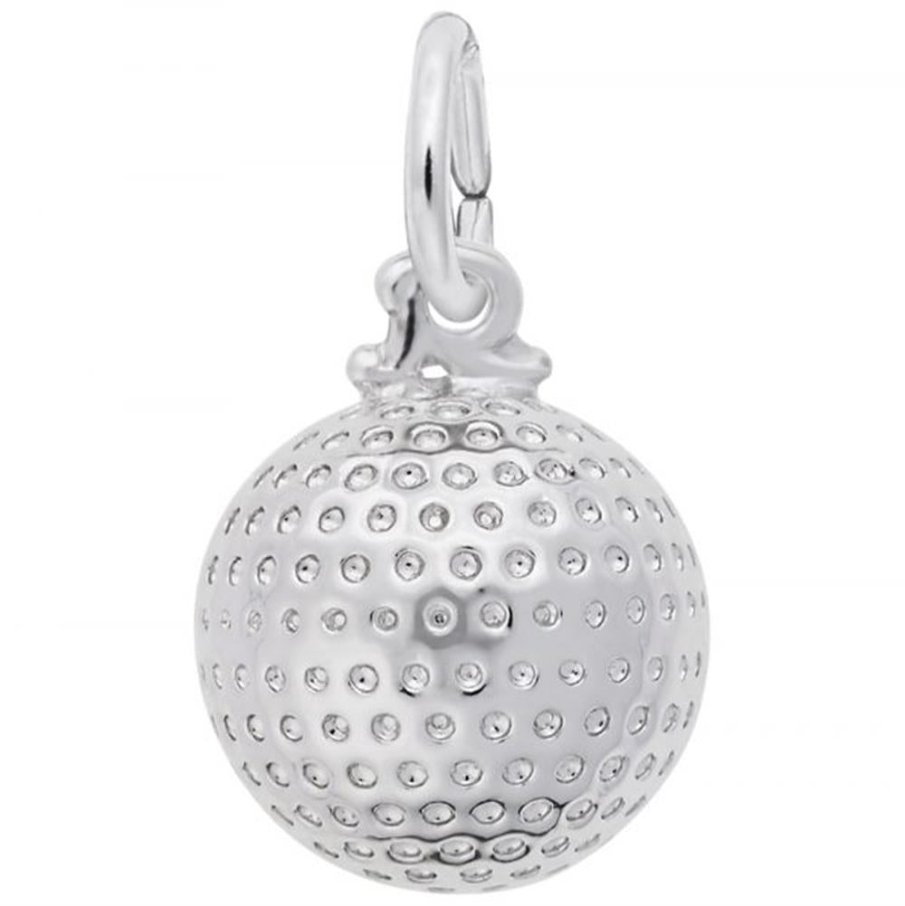 The Rembrandt Charms Golf Ball Charm in sterling silver features a silver pendant shaped like a golf ball. This charm has a textured surface with small indentations, resembling the dimples of an actual golf ball, and includes a small loop for easy attachment to your necklace or bracelet.