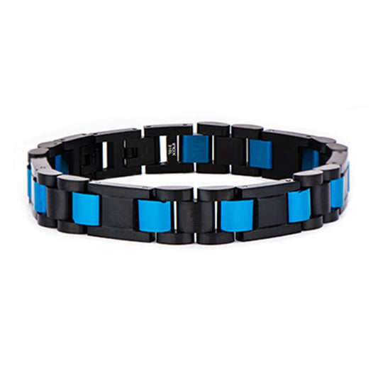 A stylish Men's Stainless Steel Bracelet from INOX, featuring a sleek black IP and bold blue IP interlocking links. This modern design includes a secure clasp for fastening.