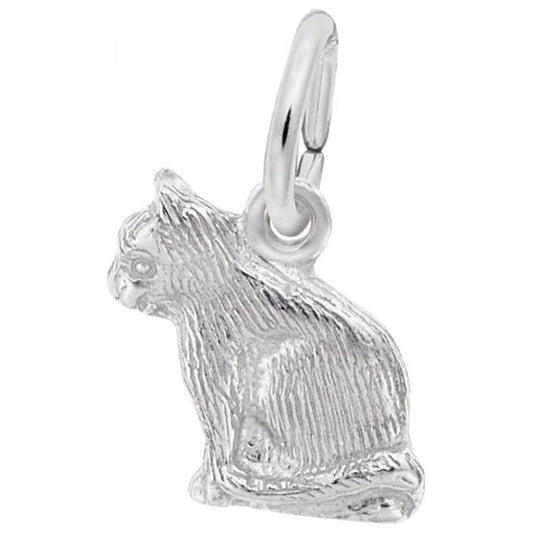 The Rembrandt Charms Sitting Cat Charm in sterling silver features a small, intricately detailed cat in profile. Ideal for any jewelry collection, this charm includes a loop at the top for easy attachment to a bracelet or necklace. The feline charm showcases a textured fur pattern and an expressive face.